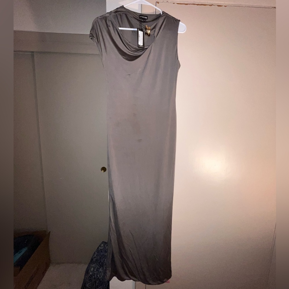 Taupe Maxi Dress with Gold Trim Detail - Picture 3 of 5